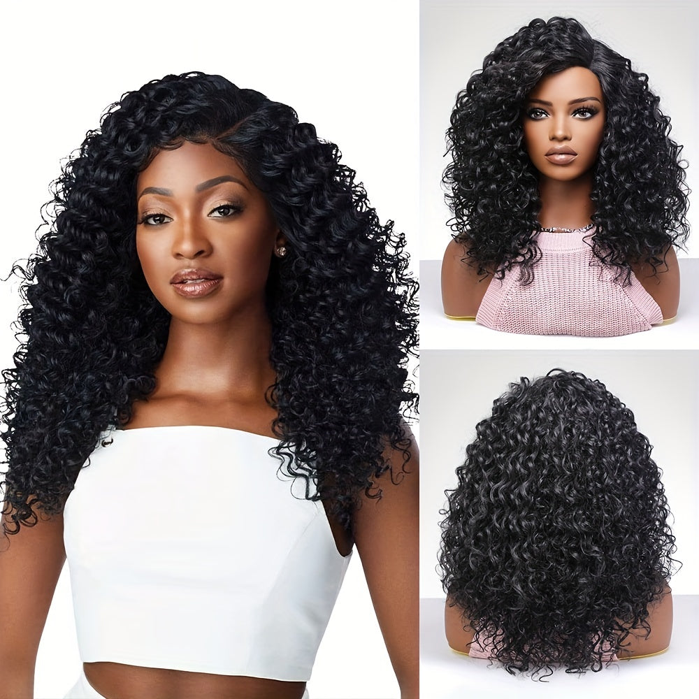 Heat Resistant Synthetic Wig with 130% Density and Long Afro Kinky Curly Wave Style - Matte Black with Bangs - Beginner Friendly